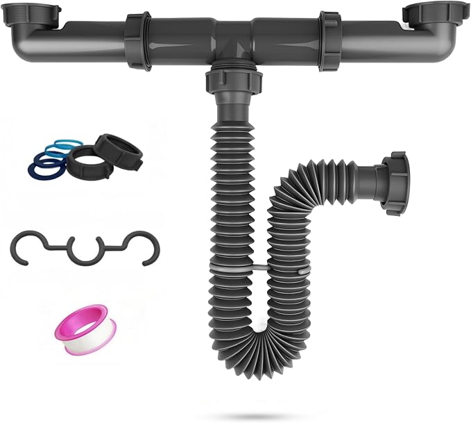 1-1/2" Double Bowl Kitchen Sink Drain Pipe Kit, Center Outlet Waste, by COLDDD