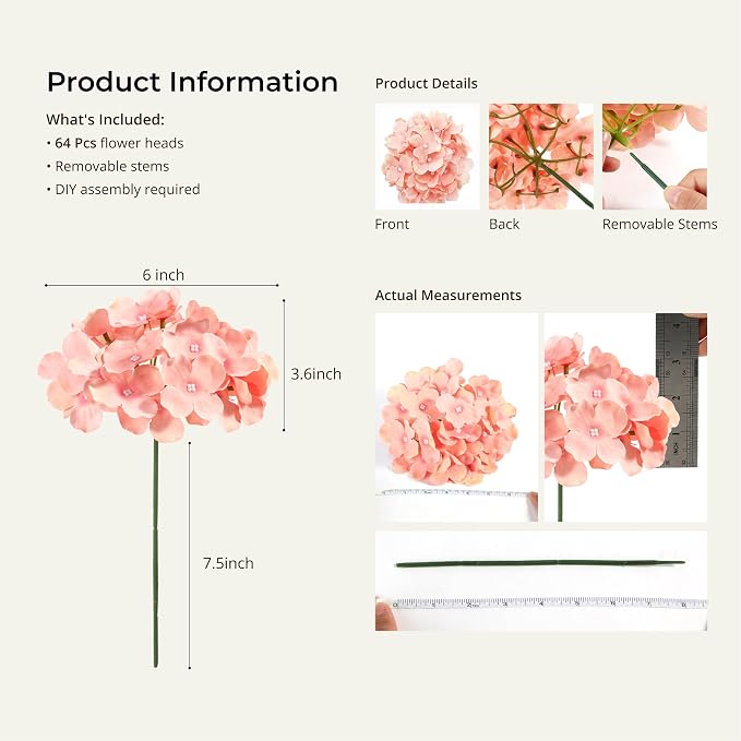 Auihiay 64Pcs Hydrangea Artificial Flowers, Silk Hydrangeas Decor | Light Peach - Image 3