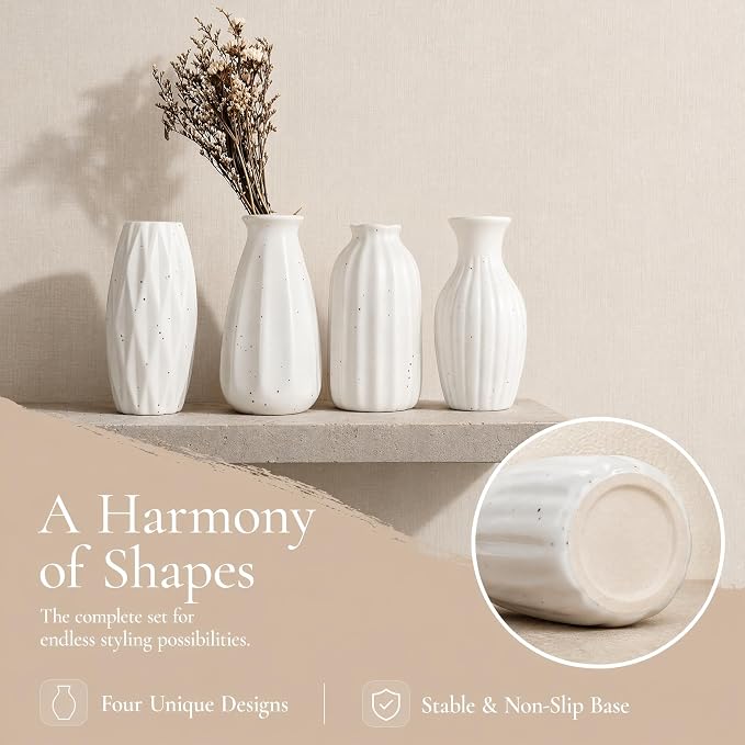 Set of 4 Small White Ceramic Vases Table Flower Vase Modern Decorative Vases - Image 2