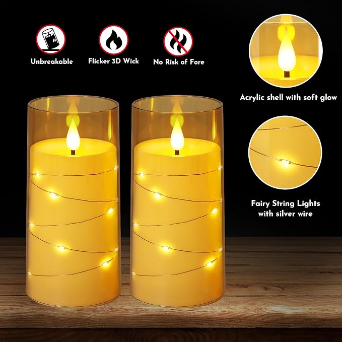 NURADA 3"x6"Flickering Flameless Candles: Built-in Star String Lights Acrylic - Image 3