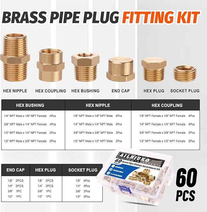 60Pcs Brass Pipe Fittings Assortment Kit, 1/8" 1/4" 3/8" 1/2" NPT | Reducer - Image 2