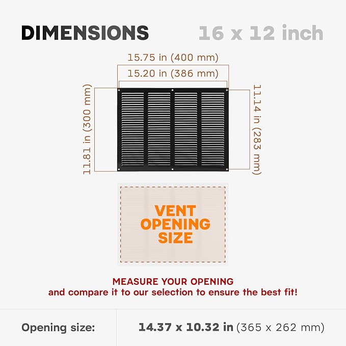 16 x 12 Inch Black Galvanized Steel Return Air Register Vent Cover, AC Vent - Image 2