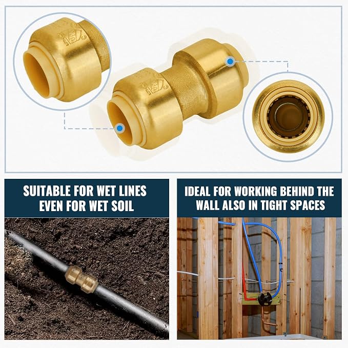 Push 1/2 Inch Coupling, 3/4 Inch Coupling, Push to Connect Plumbing Fittings Set - Image 7