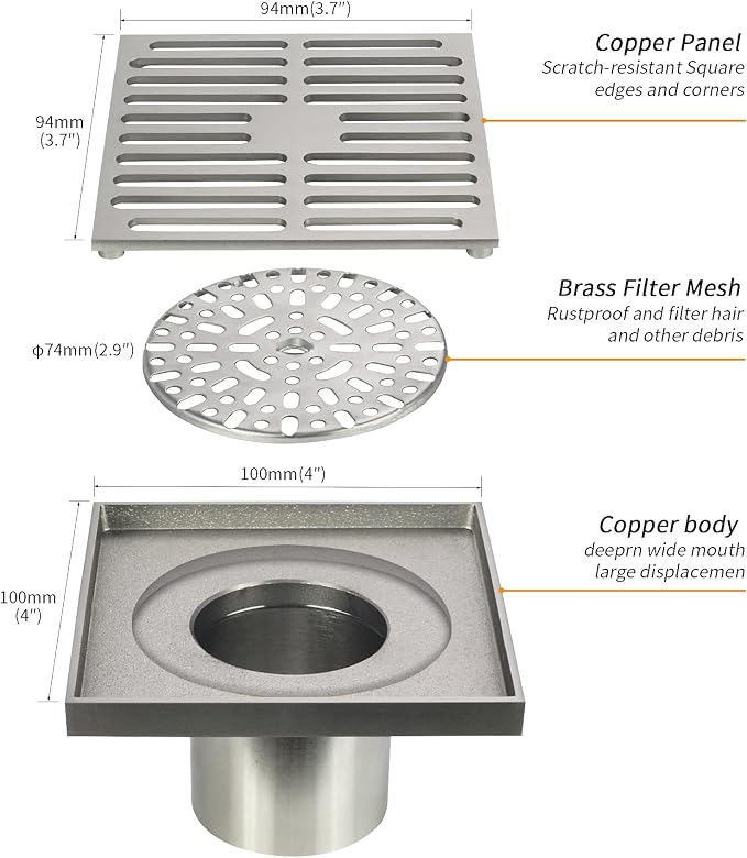 PHASAT Brass Floor Drain Contemporary 4 inches Square, - Image 2