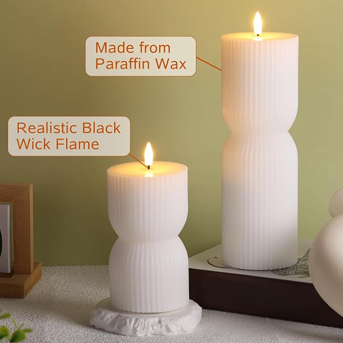 White Ribbed Flameless Pillar Candles - Image 6