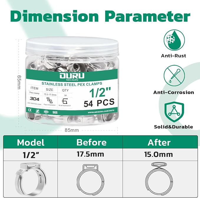 OURU 54PCS 1/2 Pex Crimp Rings, 304 Stainless Steel Pex Fittings | - Image 2