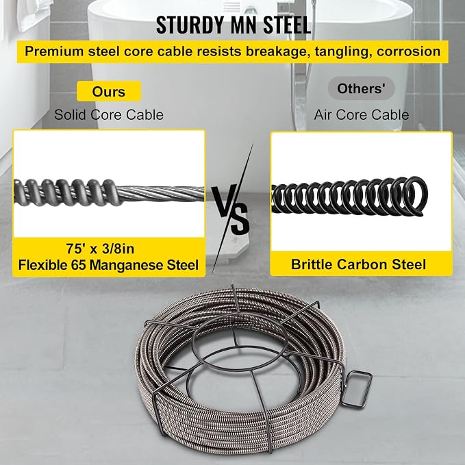 VEVOR Drain Cleaning Cable 75ft x 3/8 inch Solid Core Cable Sewer Cable - Image 4