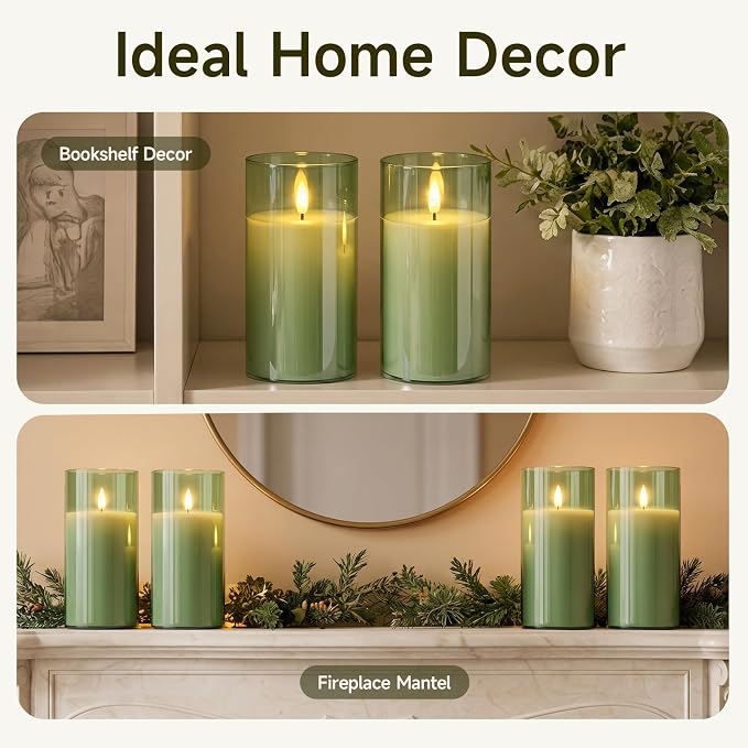 Homemory Sage Green Glass Flameless Candles, Real Wax, Remote Timer, 2 Pack | - Image 5