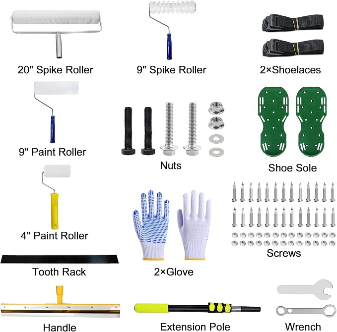 Self-Leveling Tool Kit with Rake, Spiked Roller, Spiked Shoes and 58'' - Image 2