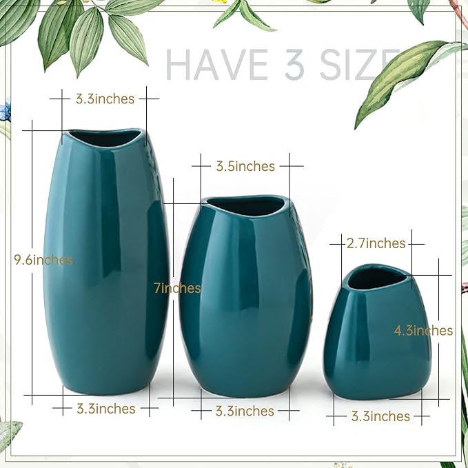 hjn Ceramic Vase Set of 3 Teal Flower Vase - Image 4