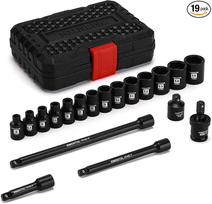 EMENTOL 1/4 Inch Drive Magnetic Impact Socket Set, 19-Piece Metric, 6 Point by EMENTOL