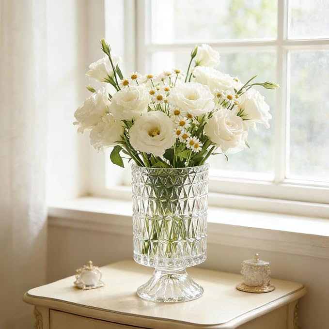 BLOFLO Embossed Glass Vase, Pedestal Big Base Glass Bouquet Vase, Hydroponic - Image 8