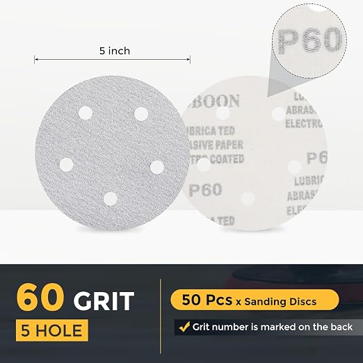 HARFINGTON 50 Pcs 5 Inch Sanding Disc 5 Hole 60 Grit White Aluminum Oxide | - Image 2