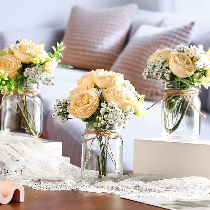 6 Sets Mason Jar Flowers Centerpiece Table Decorations, Champagne | Faux Flowers - Image 4