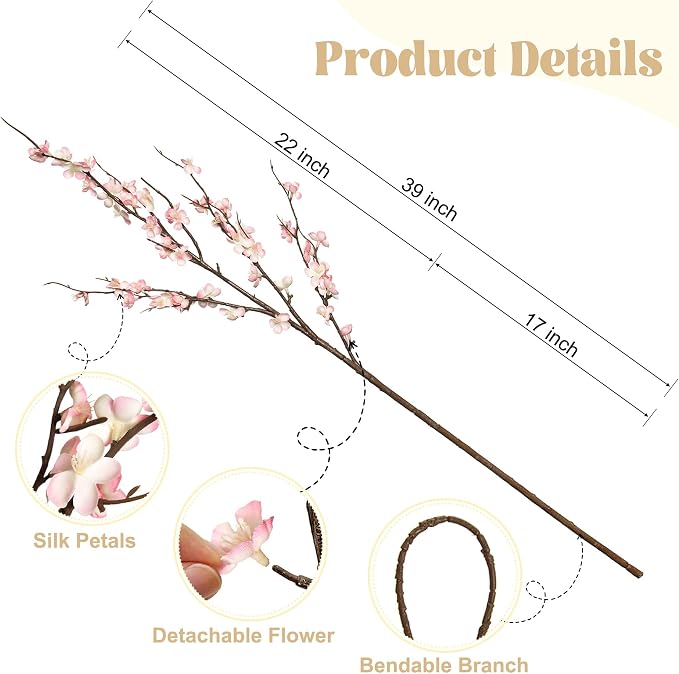Ammyoo 4Pcs Cherry Blossom Branches Artificial Flowers - Image 4