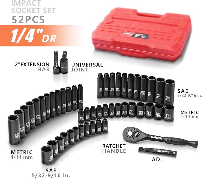 1/4" Drive Impact Socket Set 52Pcs, Metric and SAE | 4-14mm, 5/32"-9/16" - Image 2