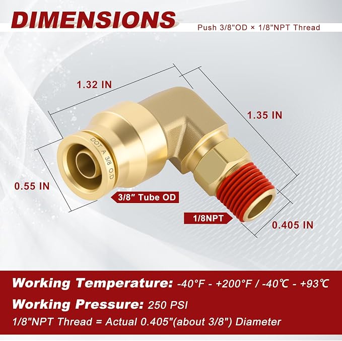90° Swivel Male Elbow, 3/8" Tube x 1/8" NPT, DOT Approved 5PCS | - Image 5