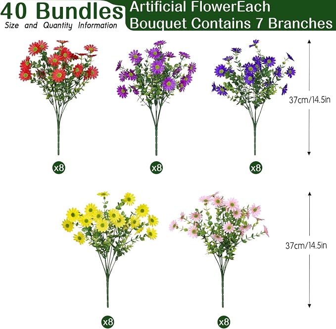 Alupssuc 40 Bundles Artificial Daisies Flowers Fake Silk Plant - Image 2