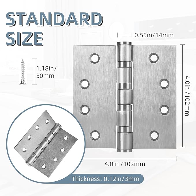 3 Pack Stainless Steel 4'' Door Hinges, 4in x 4in Heavy-Duty Ball Bearing Door - Image 3