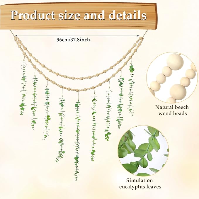 Hanging Eucalyptus Boho Wall Decor Large Boho Bedroom Wall Hanging Wooden Bead - Image 2