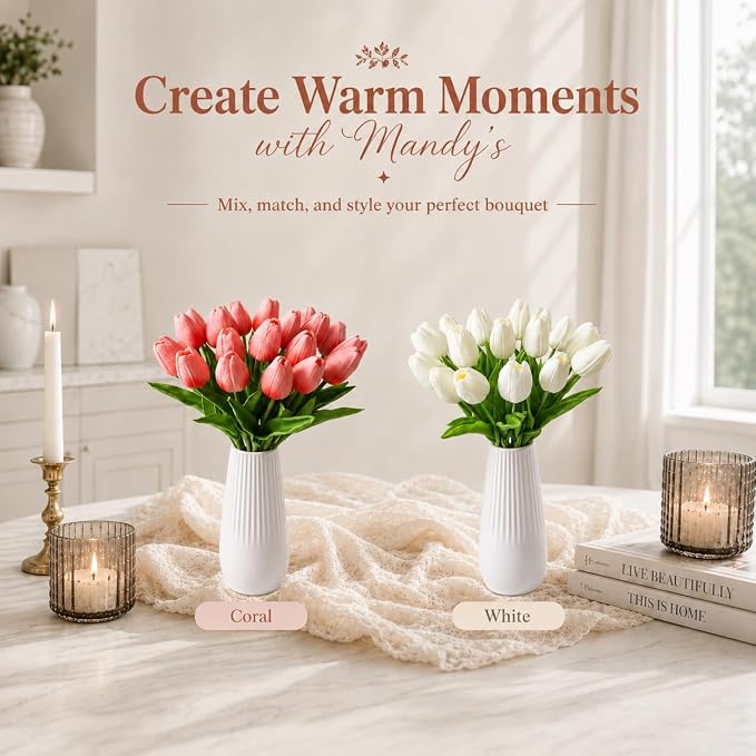 Mandy's 20pcs Artificial Coral Pink Tulips | 13.5 Inch Lifelike PU Tulips Faux - Image 9