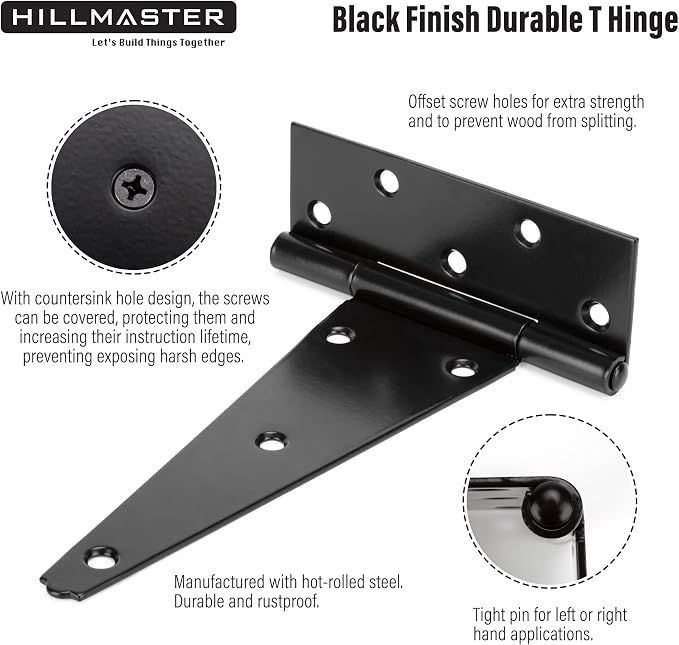 HILLMASTER 8 Inch T-Strap Heavy Duty Shed Door Hinges Gate Strap Hinges Black - Image 4
