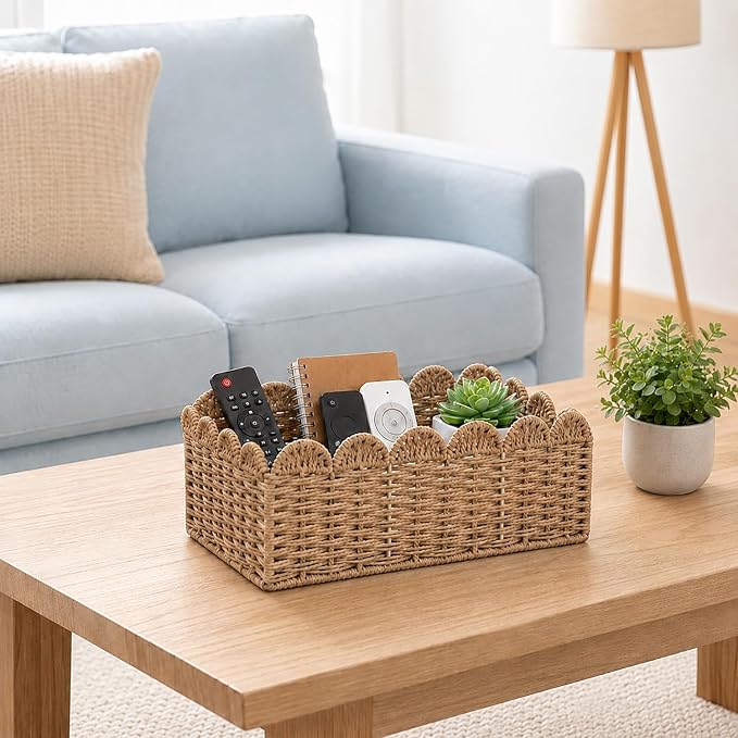 2 Pack Foldable Scalloped Basket, Handwoven Wicker Storage Baskets - Image 3