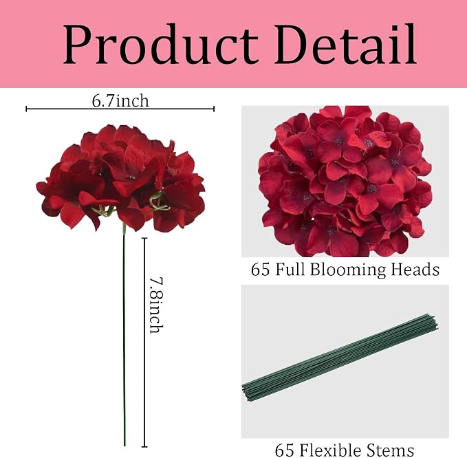 65Pcs Deep Red Hydrangea Artificial Flowers Bulk，Realistic Silk Fake Flowers - Image 3