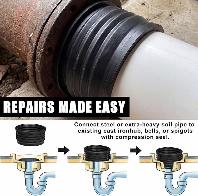 4 Pack 4'' to 4'' Cast Iron Hub to PVC Adapter Sewer Pipe Repair Kit Flexible - Image 6