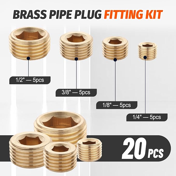 20PCS Brass Pipe Fitting Socket Plugs Kit, 1/8" 1/4" 3/8" 1/2" NPT | Male - Image 2