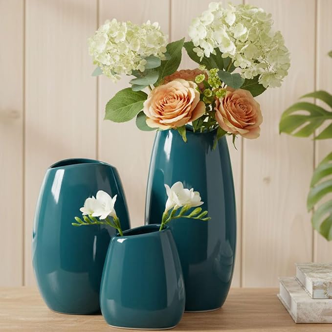 hjn Ceramic Vase Set of 3 Teal Flower Vase - Image 5