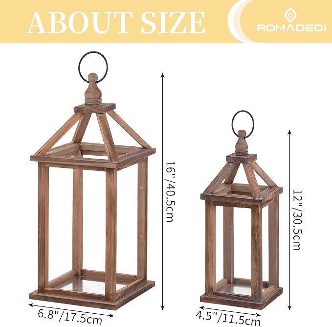 Romadedi Wood Candle Lantern Decorative, Rustic Decor Set of 2 | Farmhouse - Image 5
