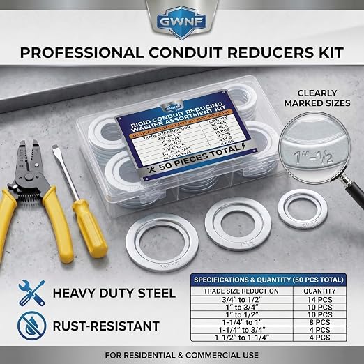 50-Piece Rigid Conduit Reducing Washer Assortment Kit, 6 Sizes | Trade sizes: - Image 2