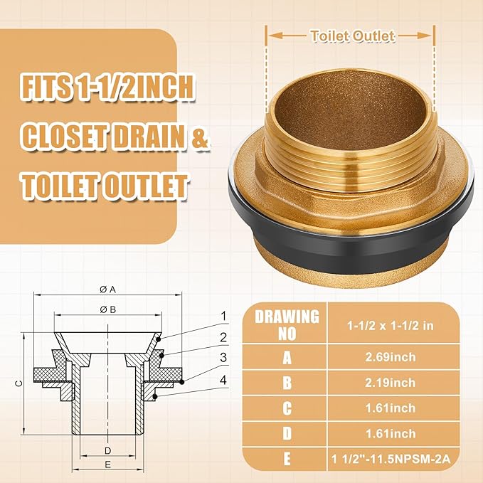 Zonon 2 Pcs 1-1/2 Inch 100% Brass Closet Spud Urinal Spud Flush Valve Parts - Image 3
