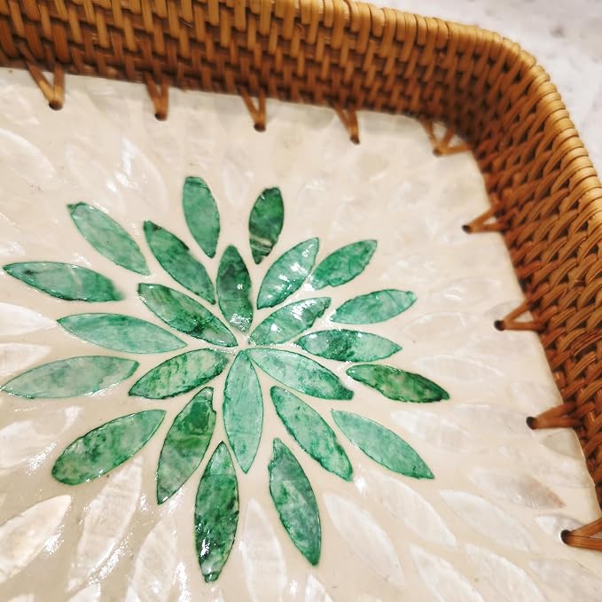 i-lan Set of 3 15" Rectangular Rattan and Mother of Pearl Serving Tray - Image 4