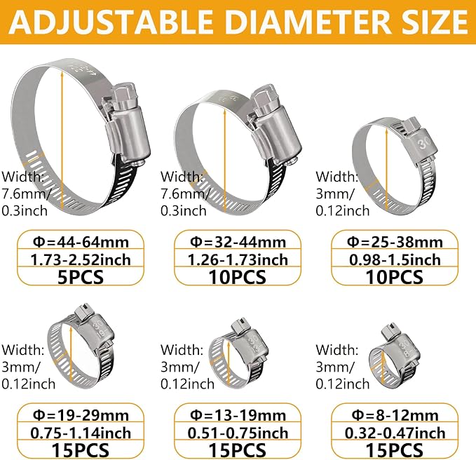 70 Pack Stainless Steel Hose Clamp Adjustable Assortment Kit, 8-64mm Worm Gear - Image 5