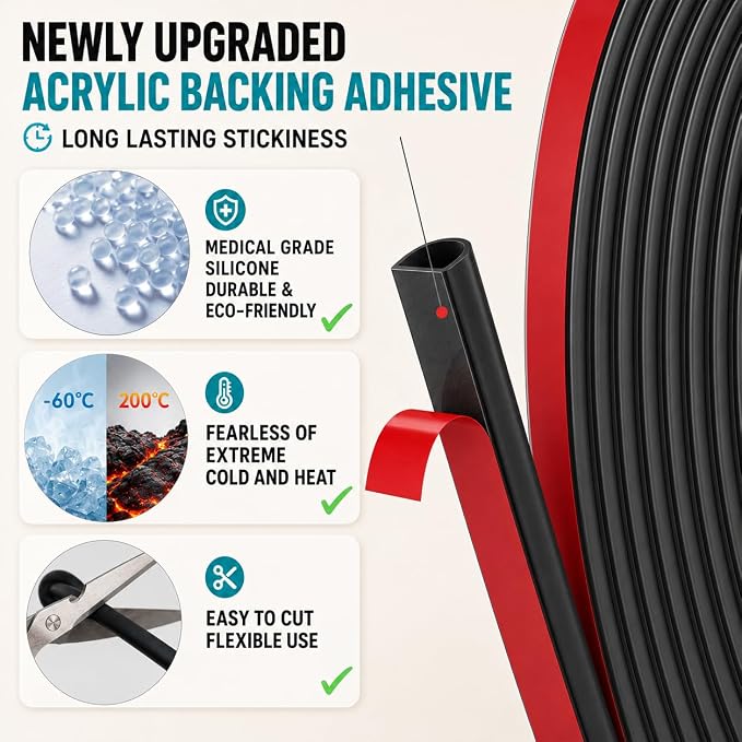 20FT Weather Stripping Door Seal, Self-Adhesive Silicone D-Shaped Seal Strip - Image 3