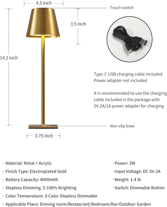 KDG 2 Pack Cordless Gold Table Lamps, Rechargeable Portable LED Desk Lamps | - Image 5