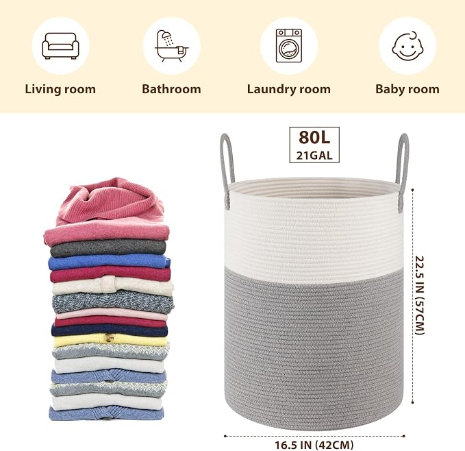 OIAHOMY 80L Nursery Hamper Laundry Basket Laundry Hamper Grey/White | - Image 2