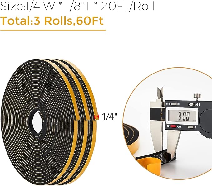 Ravinte Weather Stripping Door Seal, 1/4 x 1/8 Adhesive Foam Tape, 60 FT | - Image 3