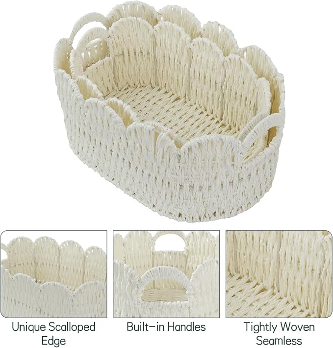 Coeusy Paper Rope Scalloped Basket Set of 2, Hand-woven Storage Baskets - Image 7