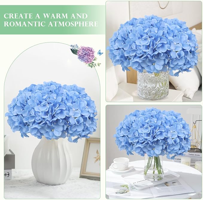 AVIVIHO 10pcs Fake Flowers Blue Hydrangea Artificial Flowers Bulk Silk Flowers - Image 2