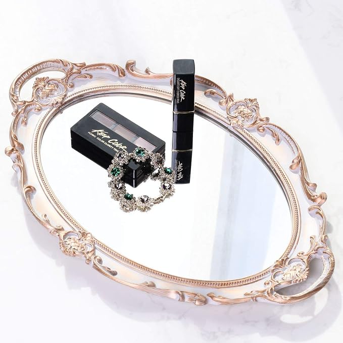 Polyresin Ellipse Antique Decorative Mirror Tray, Makeup Organizer, Jewelry by Zosenley