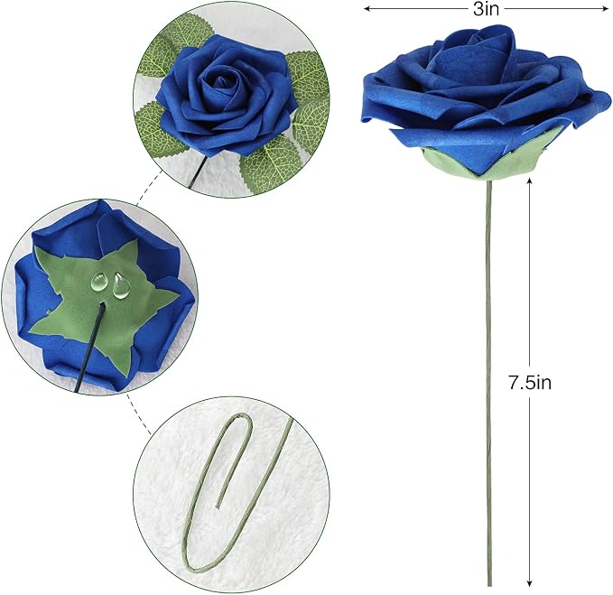 AmyHomie Royal Blue Rose 25pcs Real Looking Artificial Flowers w/Stem | Bouquet - Image 6
