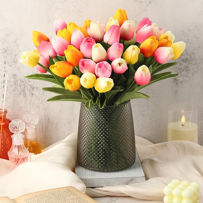 Janinka 64pcs Artificial Tulip Flowers Fake PU Tulips Faux Latex Bouquet Flower - Image 5
