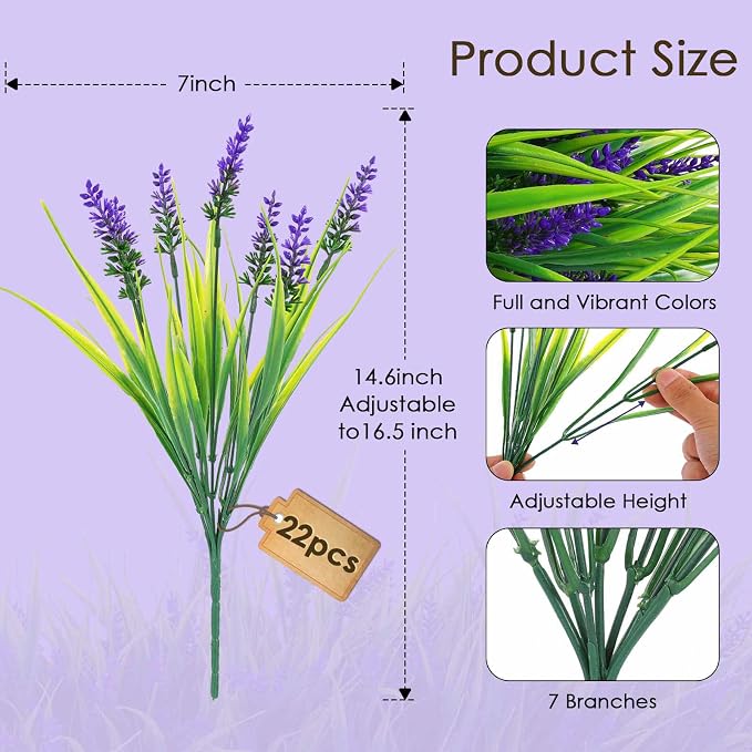 Rowfad 22 Pcs Artificial Outdoor Flowers UV Resistant Lavender Fake Greenery - Image 2