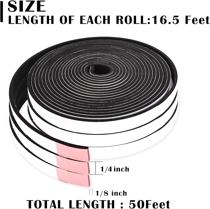 Black Foam Weather Stripping 1/4 Inch W x 1/8 Inch T, Single Sided Foam Tape - Image 2