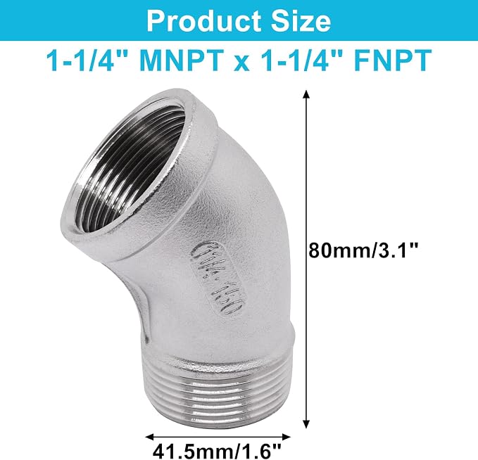 1PCS 45 Degree Elbow Fittings, 1-1/4" NPT Male to 1-1/4" NPT Female 304 - Image 2
