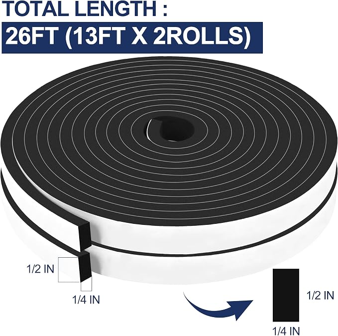 26Ft Foam Tapes Self Adhesive Foam Seal Strips 1/2In x 1/4In x 13Ft Each Roll - Image 2