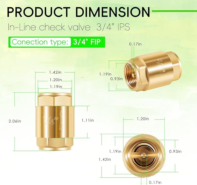 One Way Brass In-Line Check Valve 3/4 Inch IPS, In Line Water Hose Check Valve - Image 6